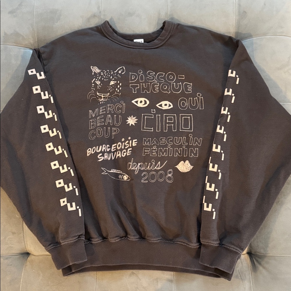 Clare V Black Crewneck ICON Oversized Sweatshirt with Cream Charcoal Graphic  XS